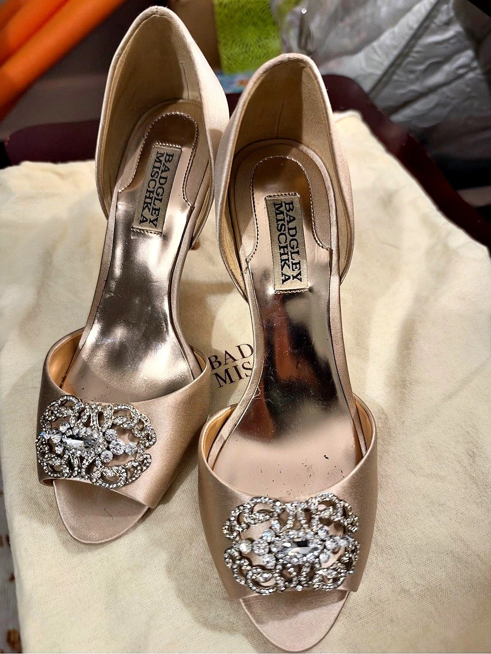 Badgley Mischka Seneca Embellished Satin Heels US 7